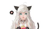  ahoge animal_ears bad_id bad_pixiv_id bare_shoulders bell bell_collar blue_eyes cat_ears cat_paws cat_tail collar gift long_hair looking_at_viewer original parted_lips paws phonic silver_hair solo star tail white_background 
