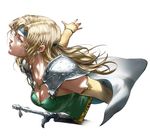  blonde_hair blue_eyes breasts cape celes_chere cleavage earrings final_fantasy final_fantasy_vi fingerless_gloves gloves green_leotard headband jewelry leotard long_hair medium_breasts orushibu solo sword weapon 