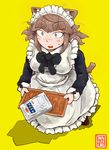  alternate_costume animal_ears apron blush breasts brown_eyes brown_hair cat_ears cat_tail dress enmaided eyebrows freckles highres large_breasts maid maid_headdress original san_mamiya short_hair solo sweatdrop tail thick_eyebrows tray 