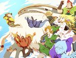  3girls beard blonde_hair blue_eyes blue_hair dragon earrings facial_hair fi ghirahim gloves groose hat highres impa jewelry levias link long_hair multiple_boys multiple_girls pointy_ears princess_zelda red_eyes red_hair saiba_(henrietta) sky smile the_legend_of_zelda the_legend_of_zelda:_skyward_sword white_hair 