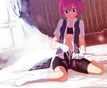  bad_id bad_pixiv_id bed bike_shorts blue_eyes cum cum_on_body cum_on_clothes cum_on_lower_body full_body gloves kantai_collection kneehighs pink_hair shiranui_(kantai_collection) solo tsuru_(clainman) 