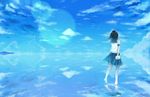  barefoot black_hair blue blue_skirt blue_sky cloud day envelope facing_away feet from_behind highres horizon landscape lens_flare letter original pleated_skirt salar_de_uyuni school_uniform serafuku shirt short_sleeves skirt sky solo utakata_(s_sw) walking walking_on_liquid water wet white_shirt 