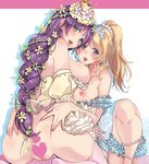  ass ayase_eli bad_id bad_pixiv_id blonde_hair blue_eyes blush bottomless braid breasts censored flower green_eyes hair_flower hair_ornament hair_vines heart heart_censor large_breasts long_hair looking_at_viewer looking_back love_live! love_live!_school_idol_project misu_kasumi multiple_girls nipples open_mouth ponytail purple_hair spread_ass thighhighs tiara tongue toujou_nozomi yuri 