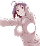  ahoge blue_hair breasts from_below hair_tucking hanging_breasts hood hood_down hoodie huge_ahoge idolmaster idolmaster_(classic) large_breasts miura_azusa red_eyes short_hair solo yokkora 