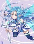  2014 asuna_(sao) asuna_(sao-alo) blue_eyes blue_hair blue_legwear dated jewelry long_hair looking_at_viewer pisuke pointy_ears ring signature smile solo sword sword_art_online thighhighs weapon wedding_band wings 