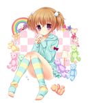  aono_ribbon brown_hair colored_stripes cup hair_bobbles hair_ornament holding looking_at_viewer loungewear mug original purple_eyes sitting solo striped striped_legwear stuffed_animal stuffed_toy sweater teddy_bear toeless_legwear twintails 