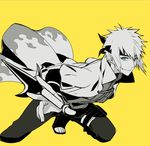  1boy bandage blue_eyes cape flak_jacket forehead_protector greyscale headband holster inru looking_at_viewer male_focus monochrome namikaze_minato naruto smile solo spot_color thigh_holster weapon yellow_background 