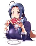  ahoge blue_hair blush breast_rest breasts food food_in_mouth huge_ahoge idolmaster idolmaster_(classic) large_breasts low_ponytail miura_azusa mouth_hold red_eyes scrunchie solo toast toast_in_mouth v-neck yokkora 
