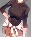  breasts brown_hair clothes_around_waist commentary_request covered_navel cowboy_shot grey_background hand_on_hip head_out_of_frame hyuuga_(kantai_collection) kantai_collection kureaki_(exit) large_breasts shirt shirt_around_waist short_hair skin_tight skirt solo sweater tight_shirt 