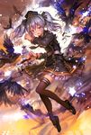  bird black_legwear crow hat highres lm7_(op-center) looking_at_viewer open_mouth original red_eyes silver_hair solo thighhighs torn_clothes twintails zettai_ryouiki 