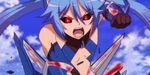  1girl animated animated_gif blue_hair corruption edited long_hair lowres navel ore_twintail_ni_narimasu photoshop rage red_eyes solo tail_blue tailblue tsube_aika twintails very_long_hair 