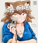  animal_ears breasts brown_hair camera cat_ears cleavage dated eyebrows fang flower freckles hair_flower hair_ornament head_wreath highres large_breasts looking_at_viewer original san_mamiya short_hair sleeves_pushed_up slit_pupils smile solo thick_eyebrows 