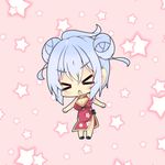  &gt;_&lt; ahoge breasts chibi china_dress chinese_clothes cleavage closed_eyes double_bun dress large_breasts long_hair looking_at_viewer matoi_(pso2) milkpanda phantasy_star phantasy_star_online_2 silver_hair solo triangle_mouth 