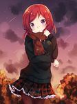  :o autumn_leaves blush downscaled emblem green_skirt hair_ornament hairclip head_tilt highres long_sleeves love_live! love_live!_school_idol_project md5_mismatch necktie night night_sky nishikino_maki nonono outdoors pantyhose parted_lips pleated_skirt purple_eyes red_hair resized scarf school_uniform shooting_star short_hair skirt sky solo standing sweater thigh_gap tree 