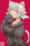  animal_ears aran_sweater blush breasts cat_ears cat_tail eyebrows freckles grey_eyes grey_hair highres large_breasts looking_at_viewer original red_background san_mamiya short_hair sleeves_past_wrists solo sweater tail thick_eyebrows 