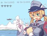  aircraft airplane blonde_hair blue_sky blush breasts cloud day f2a_buffalo fake_screenshot fang flying_sweatdrops gameplay_mechanics gloves green_eyes hair_ornament hair_ribbon hat iron_cross kantai_collection large_breasts long_hair long_sleeves military military_uniform nipples no_bra open_mouth parodius parody peaked_cap prinz_eugen_(kantai_collection) ribbon seo_tatsuya sky smoke solo tears twintails uniform water white_gloves 