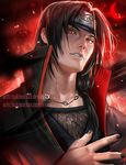  1boy black_hair fishnets forehead_protector high_collar jewelry nail_polish naruto necklace open_collar sakimichan sharingan uchiha_itachi 