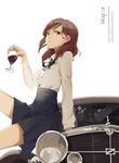  alcohol car cup drinking_glass english ground_vehicle highres huanxiang_heitu legs looking_at_viewer love_live! love_live!_school_idol_project motor_vehicle nishikino_maki on_vehicle purple_eyes red_hair short_hair sitting skirt solo wine wine_glass 