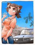  animal_ears breasts brown_hair car cat_ears cat_tail earbuds earphones eyebrows fang freckles ground_vehicle hand_in_pocket motor_vehicle original san_mamiya shirt short_hair slit_pupils small_breasts solo t-shirt tail thick_eyebrows toyota toyota_cressida waving 