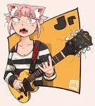  animal_ears breasts cat_ears cleavage electric_guitar eyebrows fangs guitar instrument music open_mouth original pink_eyes pink_hair playing_instrument plectrum san_mamiya short_hair small_breasts solo striped thick_eyebrows 