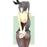  animal_ears arms_behind_back ass back back-seamed_legwear black_hair bunny_ears bunnysuit cowboy_shot facing_away from_behind long_hair looking_back original pantyhose ponytail q_(a72pgc) red_eyes seamed_legwear smile solo thighs very_long_hair wrist_cuffs 