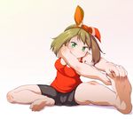  barefoot bike_shorts bow breasts brown_hair cameltoe cleavage dated dorsiflexion feet full_body green_eyes hair_bow hands_on_feet haruka_(pokemon) medium_breasts pokemon pokemon_(game) pokemon_oras shiny shiny_skin sitting sketch soles solo stretch toes yumeno_tanuki 