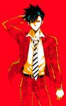  black_eyes black_hair formal haikyuu!! kuroo_tetsurou male_focus necktie red_background simple_background solo sousui_hani suit 