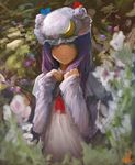  bad_id bad_pixiv_id blurry crescent depth_of_field flower hat long_hair looking_at_viewer matsura_ichirou patchouli_knowledge purple_hair solo touhou 