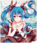  absurdres alitia artist_name blue_eyes blue_hair blurry bow brown_dress dated dress hair_bow hatsune_miku highres jewelry long_hair looking_at_viewer open_mouth pendant shinkai_shoujo_(vocaloid) solo twintails underwater vocaloid 