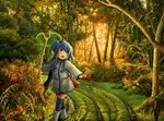  :d black_legwear blue_eyes blue_hair boots hair_ribbon highres holding leaf_umbrella loli_wa_shinri long_hair noel_(sora_no_method) open_mouth outstretched_arms ribbon scenery smile solo sora_no_method spread_arms thighhighs two_side_up walking zettai_ryouiki 