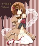  aono_ribbon bound bow brown_hair dress hair_bow hair_ribbon looking_at_viewer navel original panties purple_eyes ribbon shoes short_hair sitting solo striped striped_dress thighhighs tied_up underwear valentine vertical-striped_dress vertical_stripes white_legwear white_panties 