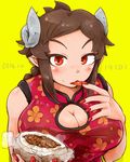  2014 baozi blush breasts brown_hair china_dress chinese_clothes cleavage cleavage_cutout commentary_request dated demon_girl demon_horns dress finger_licking fingernails floral_print food highres holding horns large_breasts licking long_fingernails looking_at_viewer nail_polish original red_eyes san_mamiya short_hair solo succubus taut_clothes taut_dress tongue yellow_background 