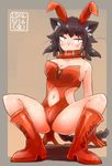  animal_ears arched_back black_hair blush boots breasts bunny_ears bunnysuit bustier cat_ears cat_tail collar dated eyebrows fake_animal_ears freckles hairband highres knee_boots large_breasts navel navel_cutout original red_footwear san_mamiya short_hair solo spread_legs squatting tail thick_eyebrows 