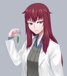  bangs collarbone collared_shirt expressionless grey_background jiffic labcoat looking_at_viewer mon-musu_quest! promestein purple_eyes red_hair shirt sidelocks simple_background solo test_tube upper_body 