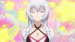  animated animated_gif blue_eyes bouncing_breasts breasts cleavage criss-cross_halter female halter_top halterneck highres labcoat large_breasts neck open_mouth ore_twintail_ni_narimasu sexually_suggestive sidelocks silver_hair smile solo star talking twoearle upper_body 