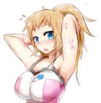  armpits arms_up blue_eyes breasts brown_hair gundam gundam_build_fighters gundam_build_fighters_try hoshino_fumina large_breasts long_hair looking_at_viewer mizuyan ponytail simple_background solo white_background 