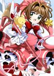  :d absurdres bad_id bad_pixiv_id baton blurry bow brown_hair cardcaptor_sakura depth_of_field dress fumiko_(miruyuana) fuuin_no_tsue gloves green_eyes hat heart highres holding kerberos kinomoto_sakura looking_at_viewer magical_girl open_mouth petals pink_dress pink_hat puffy_short_sleeves puffy_sleeves revision ribbon short_sleeves smile solo star wand white_gloves 