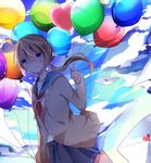  balloon blue_eyes brown_hair highres holding letter long_hair looking_at_viewer love_letter low_twintails original parted_lips pleated_skirt school_uniform serafuku shade skirt sky solo twintails wind yuruno 