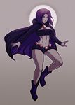  abs alternate_costume amulet ankle_boots bandeau belt boots breasts cape cleavage dc_comics floating_hair forehead_jewel grey_skin halo iahfy large_breasts midriff navel purple_eyes purple_hair raven_(dc) short_hair short_shorts shorts solo superhero teen_titans 
