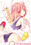  ahoge bare_shoulders bath bathing bathtub blush bubble_bath daikan'yama_ebisu hair_ornament highres i-58_(kantai_collection) kantai_collection looking_at_viewer looking_back one-piece_swimsuit pink_eyes pink_hair rubber_duck school_swimsuit short_hair solo swimsuit twitter_username washing_back 