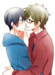  bad_id bad_pixiv_id black_hair blue_eyes blush brown_hair free! glasses green_eyes hand_on_another's_face imminent_kiss male_focus multiple_boys nanase_haruka_(free!) nohara profile tachibana_makoto yaoi 