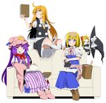  ahoge alice_margatroid blonde_hair book bow braid couch eichi_yuu grin hair_bow hair_ribbon hairband hat hat_removed headwear_removed holding kirisame_marisa lolita_hairband long_hair looking_at_viewer mob_cap multiple_girls patchouli_knowledge purple_eyes purple_hair ribbon sewing shanghai_doll short_hair simple_background single_braid sitting smile touhou white_background witch_hat yellow_eyes 