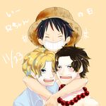  3boys blonde_hair brothers freckles hat highres hrk95712 male male_focus monkey_d_luffy multiple_boys one_piece portgas_d_ace sabo_(one_piece) scar siblings smile straw_hat trio 