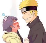  1girl absurdres age_difference bandaged_arm bandages blush forehead_protector full-face_blush grin head_steam highres hyuuga_hinata naruto:_the_last naruto_(series) petting short_hair smile steam surprised time_paradox uzumaki_naruto wavy_mouth white_background ye_zhi_ye_zhi 
