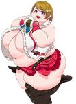  blush brown_hair eating fat female fingerless_gloves food gloves hair_ornament hairclip looking_at_viewer navel purple_eyes solo squarewave thick_thighs thighs 