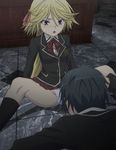  1boy 1girl blonde_hair kasuga_arata panties pantyshot pantyshot_(sitting) purple_eyes screencap sitting stitched trinity_seven underwear yamana_mira 