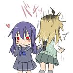  2girls aosora_(mizore) bandage blonde_hair female lowres multiple_girls original purple_hair red_eyes school_uniform serafuku skirt taser twintails 