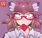  animal_ears bespectacled brown_hair cat_ears condom condom_in_mouth condom_wrapper dated eyebrows freckles glasses looking_at_viewer mouth_hold original red-framed_eyewear san_mamiya semi-rimless_eyewear short_hair slit_pupils solo sweatdrop thick_eyebrows under-rim_eyewear 