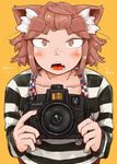  animal_ears blush brown_eyes brown_hair camera cat_ears eyebrows freckles highres open_mouth original san_mamiya short_hair solo strap striped thick_eyebrows yellow_background 