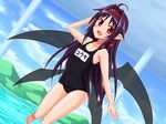  black_hair hairband long_hair one-piece_swimsuit pointy_ears red_eyes school_swimsuit swimsuit sword_art_online wings yosuzu yuuki_(sao) 